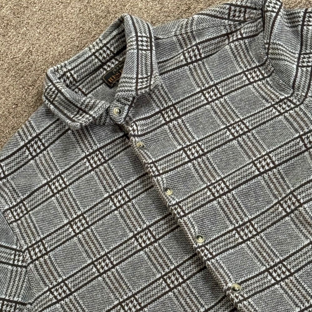 Reserve Mens Plaid Houndstooth Knit Button Down Shirt Grey Black RN 31608‎ Large